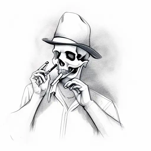 skull smoking cigarette wearing hat tattoo design idea