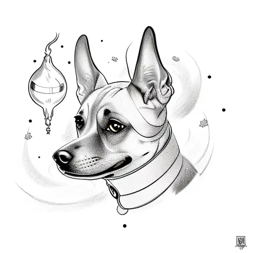 A cartoon version of their favorite dog breed surrounded by flash symbols tattoo design idea