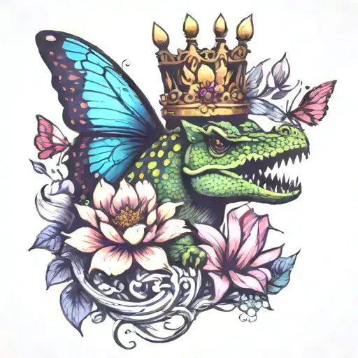 crown with cute  dinosaur and butterfly and lotusflower tattoo design idea