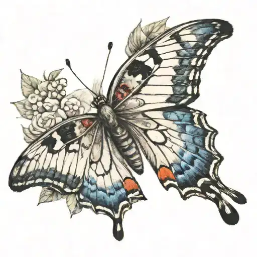 A realistic portrait of a majestic butterfly wearing a crown, with tiny dinosaur footprints in the background tattoo design idea