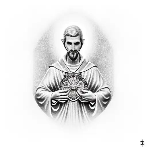 the spirit saint holding saint Benedict medal tattoo design idea