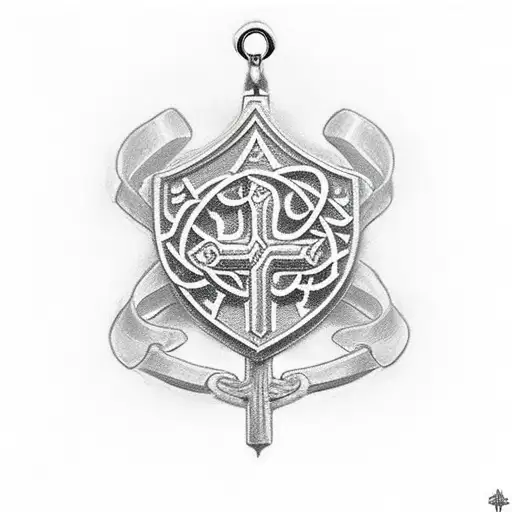 draw the saint Benedict medal, and a little lower draw a with praying hands tattoo design idea