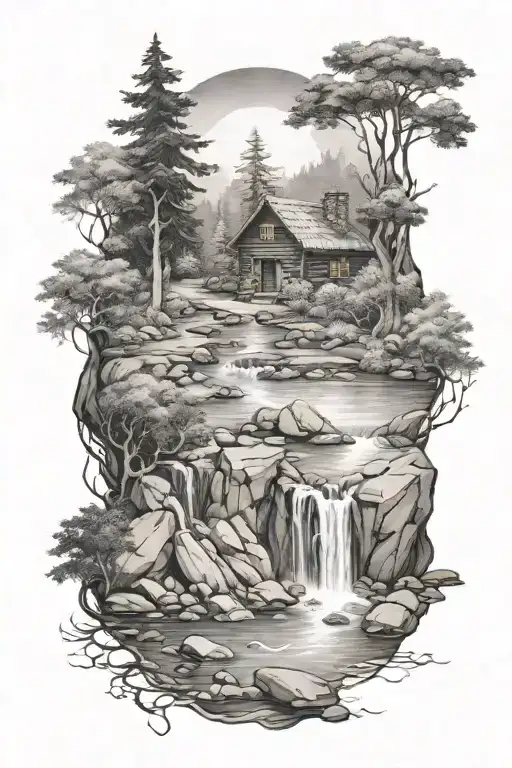 A serene landscape tattoo of a tranquil river flowing through a forest with a hidden witch's cabin, capturing the essence of nature and magic, in black-grey style tattoo design idea
