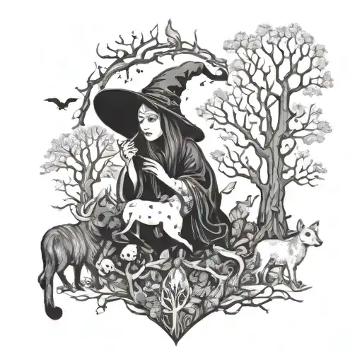 A mystical forest scene with a witch casting spells surrounded by animals tattoo design idea
