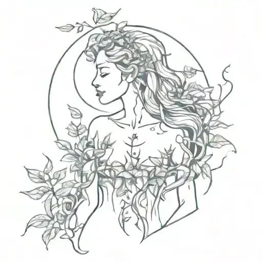 female torso made of plants, witchy, with no head, moon tattoo design idea