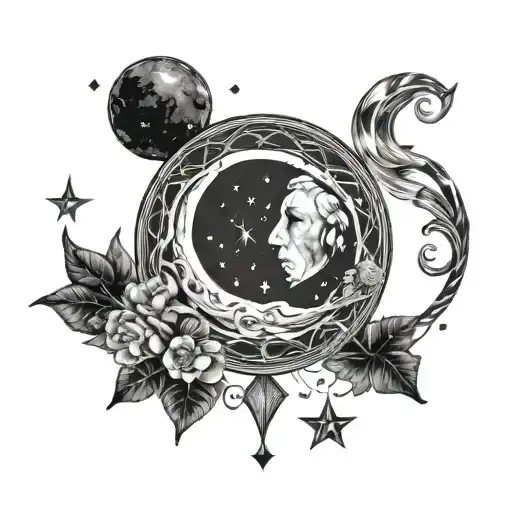 wax crescent moon with Leo constellation intertwined tattoo design idea