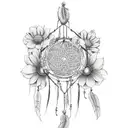 dreamcatcher with flowers and a pile of books tattoo design idea