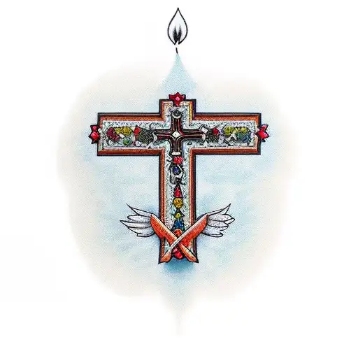the pigeon the burbing candle and a cross from beads in a praying hand tattoo design idea