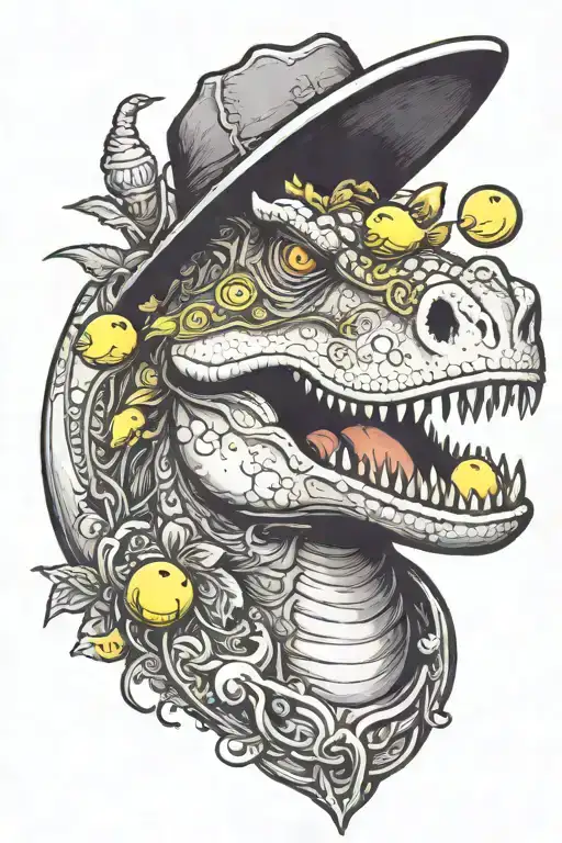 dinosaur with a bone in its mouth with a rubber duck on its head holding a pig tattoo design idea