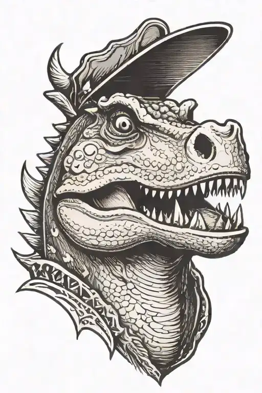 dinosaur with a bone in its mouth with a rubber duck on its head holding a pig tattoo design idea