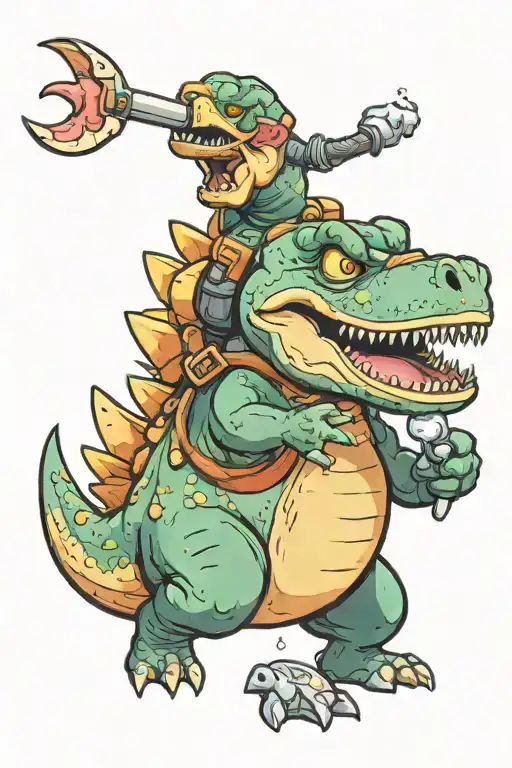 dinosaur holding a lead with a pig holding a rubber duck and has a bone in ts mouth tattoo design idea