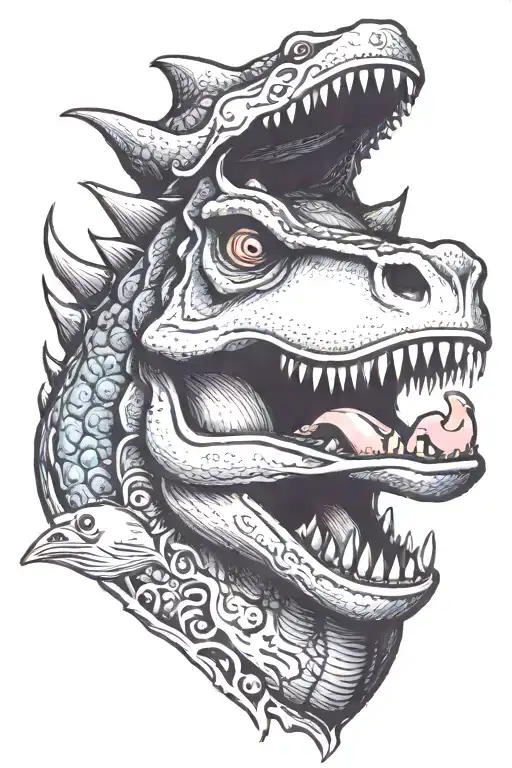 dinosaur with a bone in its mouth with a rubber duck on its head holding a pig tattoo design idea