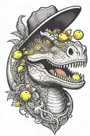 dinosaur with a bone in its mouth with a rubber duck on its head holding a pig tattoo design idea