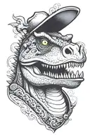 dinosaur with a bone in its mouth with a rubber duck on its head holding a pig tattoo design idea
