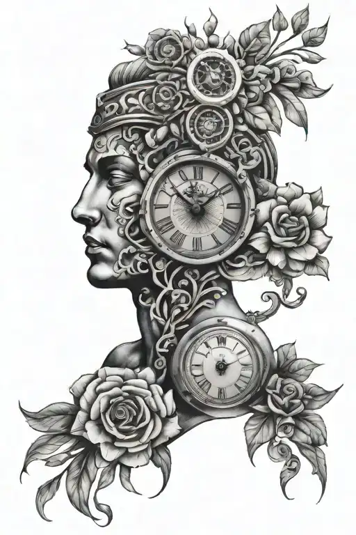 Greek deities with flowers and a human eye made up of a clock tattoo design idea