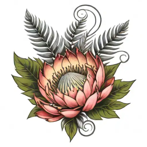 protea flower with a silver fern leaf intertwined vines tattoo design idea