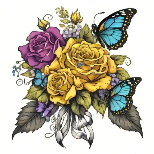 buquet yellow roses and babies breath tied with ribbon and blue and purple butterflies around  tattoo design idea