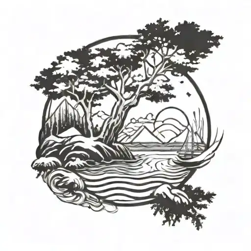 A tattoo design combining elements of beach and snow, with water and trees intertwined, representing the client's love for both environments tattoo design idea