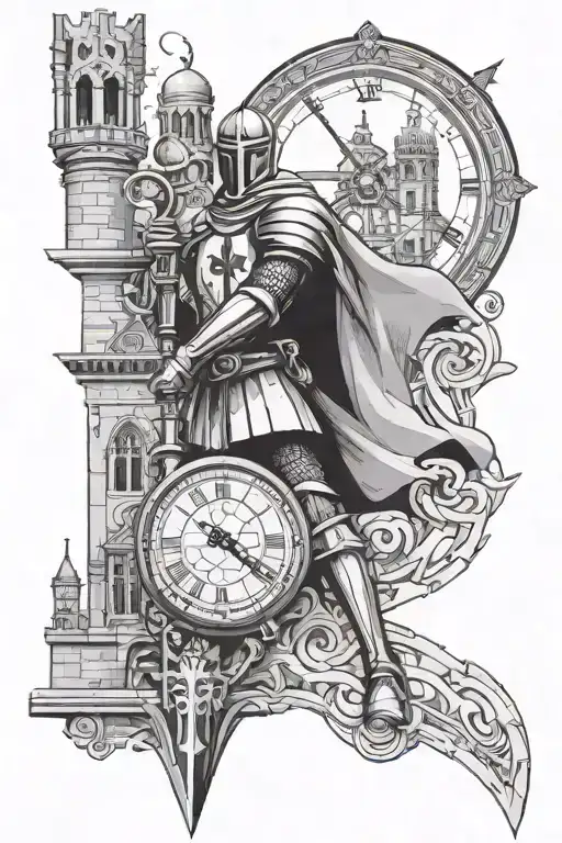 Knight Templar on a background of architecture with a clock black and white tattoo design idea