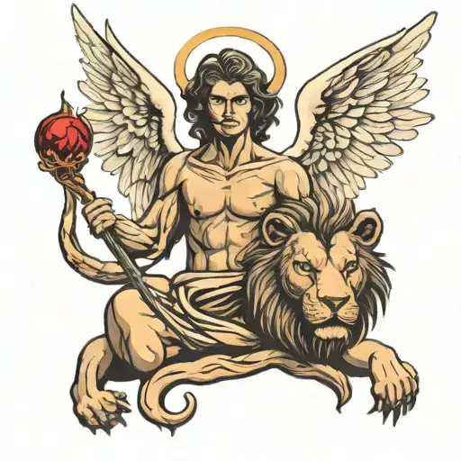 angel with lion face killing devil tattoo design idea