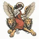 angel with lion face killing devil tattoo design idea