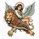 angel with lion face killing devil tattoo design idea