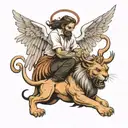 angel with lion face killing devil tattoo design idea