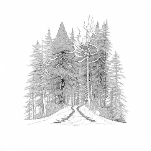 An intricate design of a hiking trail winding through a forest with Native American symbols hidden in the trees tattoo design idea