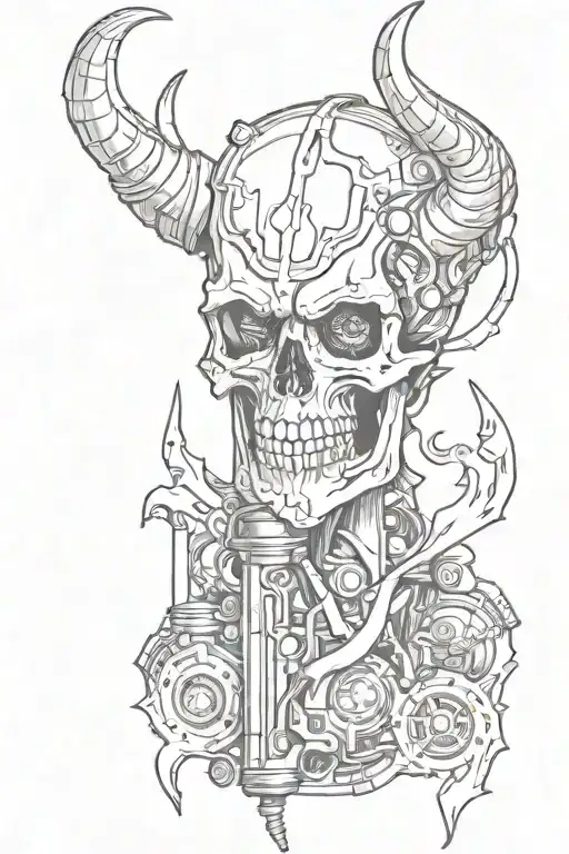 piston with devil horn skull tattoo design idea