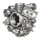 A stack of cash with intricate car engine parts hidden within tattoo design idea