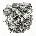 A stack of cash with intricate car engine parts hidden within tattoo design idea