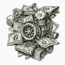 A stack of cash with intricate car engine parts hidden within tattoo design idea