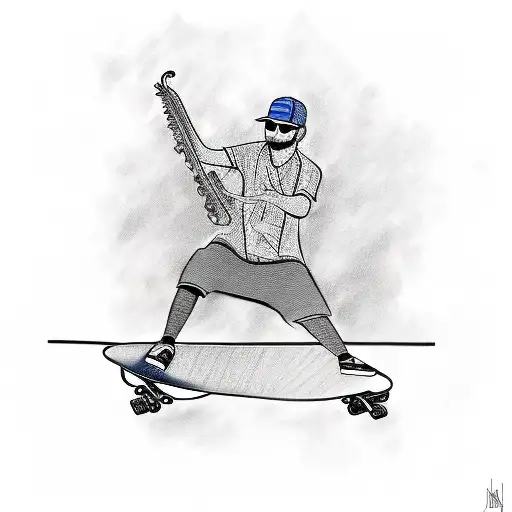 A detailed sketch of a musician from the band playing their instrument on a skateboard tattoo design idea