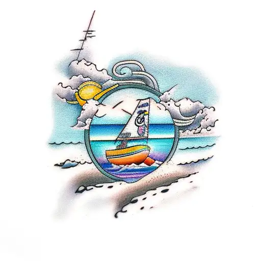 A beach scene with the band's name written in a graffiti style tattoo design idea