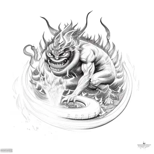 Burning demon holding a fire hose tattoo design idea