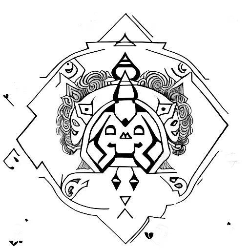 symbols related to Hindu mythology, gaming elements, and your affinity for silence, hills, tattoo design idea