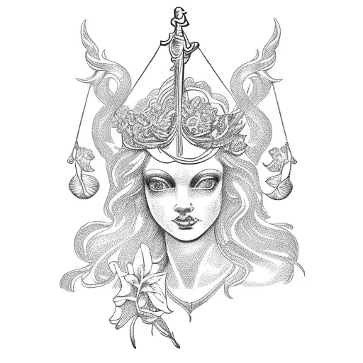 pretty lady justice statue with lilys  tattoo design idea