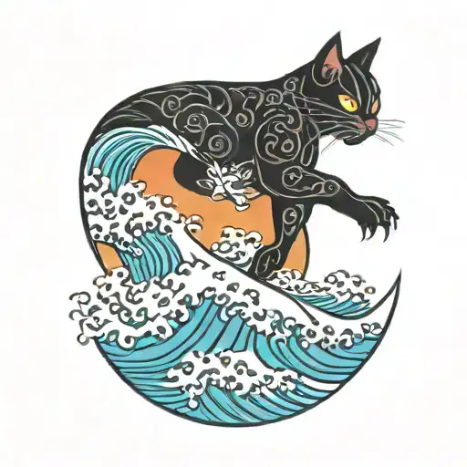 black cat surfing on kanagawa wave tattoo tattoo design idea