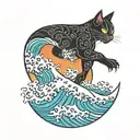 black cat surfing on kanagawa wave tattoo tattoo design idea