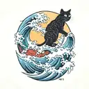 black cat surfing on kanagawa wave tattoo tattoo design idea