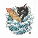 black cat surfing on kanagawa wave tattoo tattoo design idea