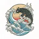 black cat surfing on kanagawa wave tattoo tattoo design idea