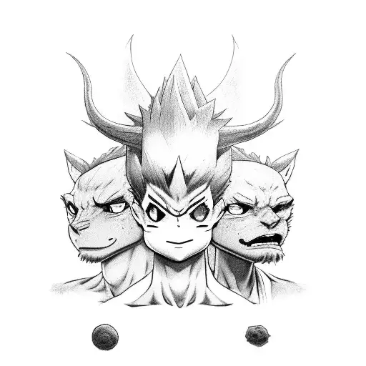 A portrait of Gon, Kilua, and Yusuke standing together, showcasing their determination and strength tattoo design idea