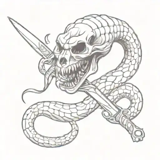 A sketch style tattoo of a menacing snake with a knife in its mouth, surrounded by smaller skulls tattoo design idea