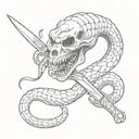 A sketch style tattoo of a menacing snake with a knife in its mouth, surrounded by smaller skulls tattoo design idea