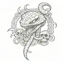 A sketch style tattoo of a menacing snake with a knife in its mouth, surrounded by smaller skulls tattoo design idea