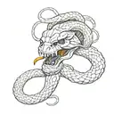 A sketch style tattoo of a menacing snake with a knife in its mouth, surrounded by smaller skulls tattoo design idea