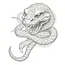 A sketch style tattoo of a menacing snake with a knife in its mouth, surrounded by smaller skulls tattoo design idea