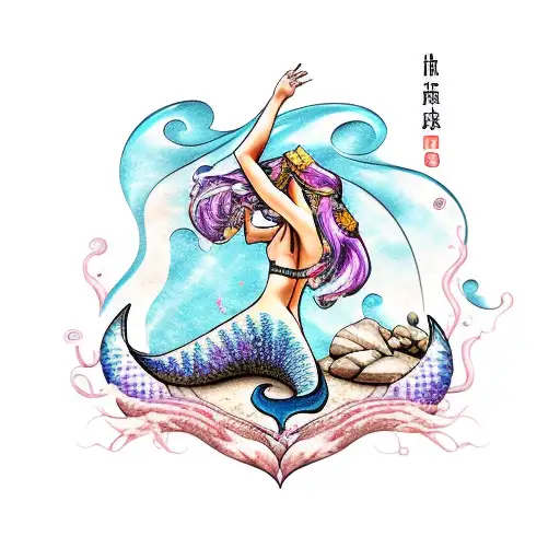 A sensual mermaid seductively playing a guitar, with a kintsugi-style heart symbolizing resilience and a muscle car speeding through a desert landscape tattoo design idea