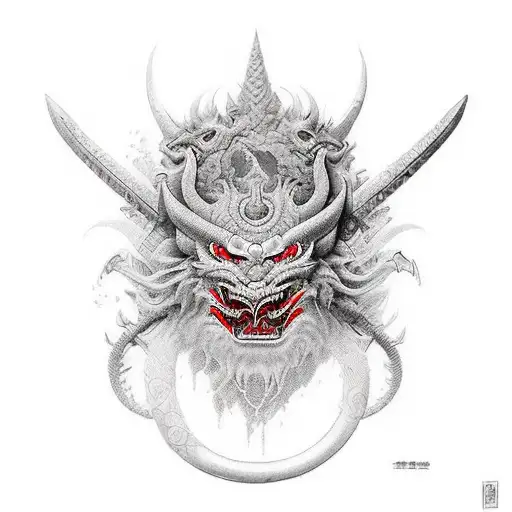oni mask AND red dragon tattoo design idea